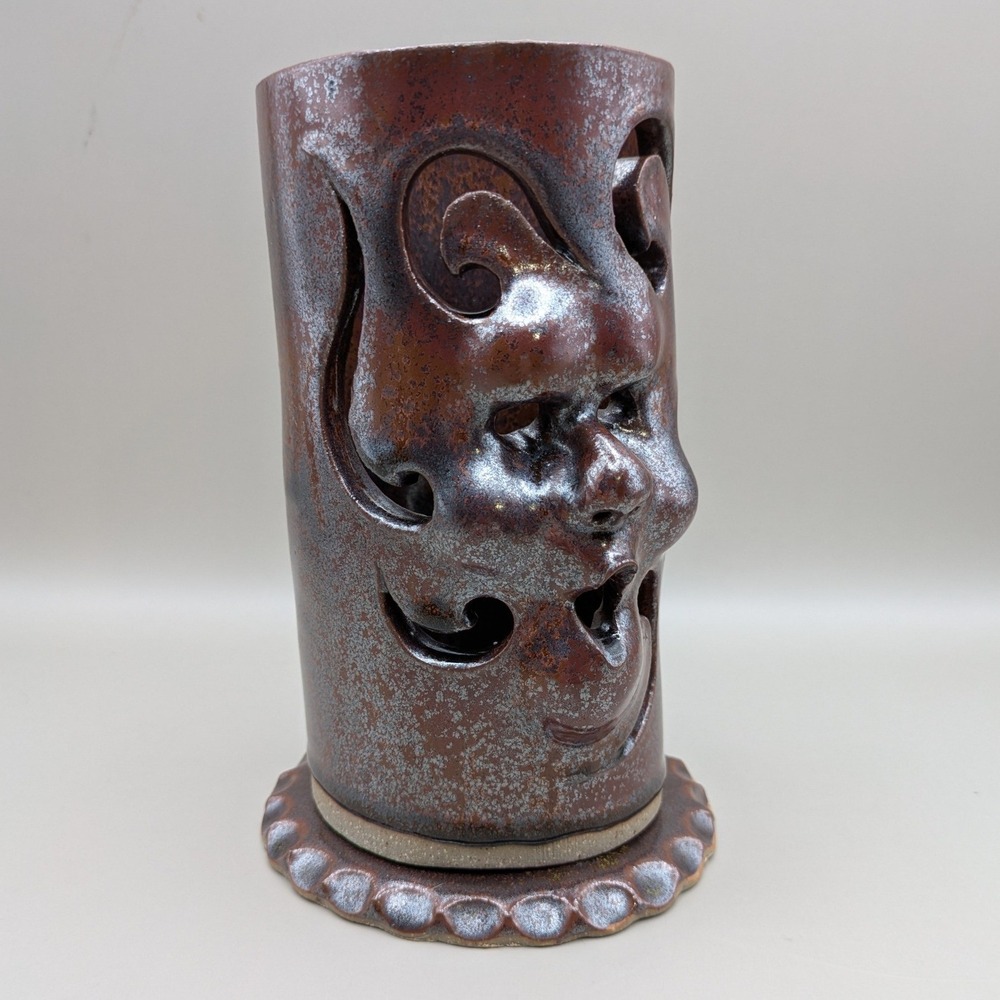Artisan Studio Pottery Hand Carved Face Candle Luminary Brown Glaze 7" High